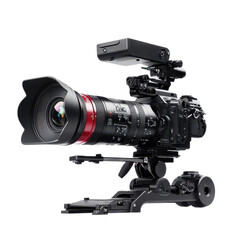 Professional Cinema Camera Rig Black and Red Design, isolated on a transparent background