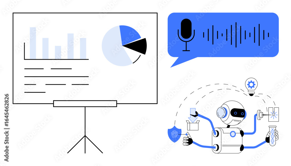 Poster robot with multiple tools for data analysis, security, and creativity, accompanied by graphs and voi