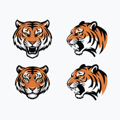 Set of Four Fierce Tiger Mascot Vector Illustrations in Various Expressions, Ideal for Sports Logos, Branding, Stickers, and Graphic Design Projects