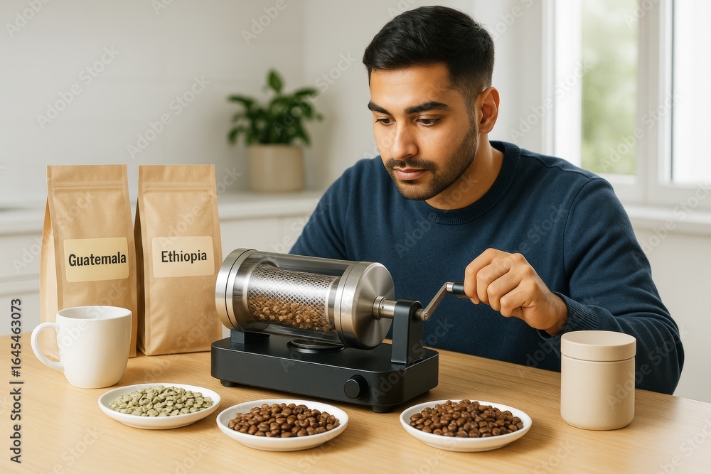 Poster man roasting coffee beans using a home coffee roaster with various coffee beans on table from differ