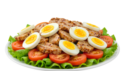 Delicious grilled chicken salad featuring sliced eggs, fresh tomatoes, and crisp lettuce, perfect for a healthy lunch or dinner option all year round Generative AI