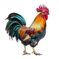 Fototapeta premium Vibrant Rooster Isolated Black Background Stunning Feathers, isolated on a transparent background