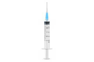 Medical syringe with blue needle tip on transparent background