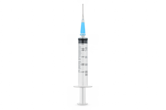 Medical syringe with blue needle tip on transparent background - Powered by Adobe