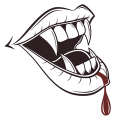 Vampire mouth with fangs and blood drop isolated on white background