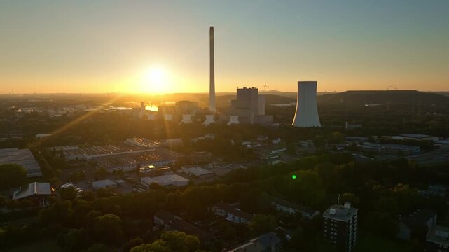 Aerial drone view of hard-coal-fired combined heat and power plant in Herne, North Rhine-Westphalia, Germany &ndash; industrial energy facility with smokestacks . 10 September 2024