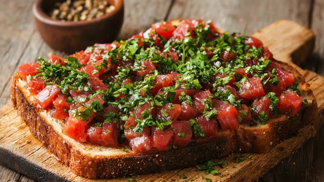 Fresh tomato bruschetta with herbs animation in top view food motion showing ingredients and texture in 4k loop