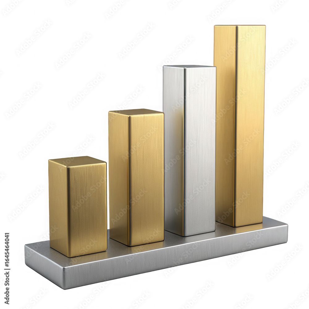 Poster four metallic rectangular prisms of varying heights arranged on a silver base symbolizing growth and