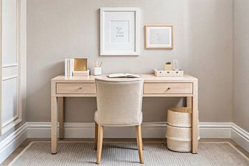 Interior study desk area with beige chair and decorative artwork frames for inspiration