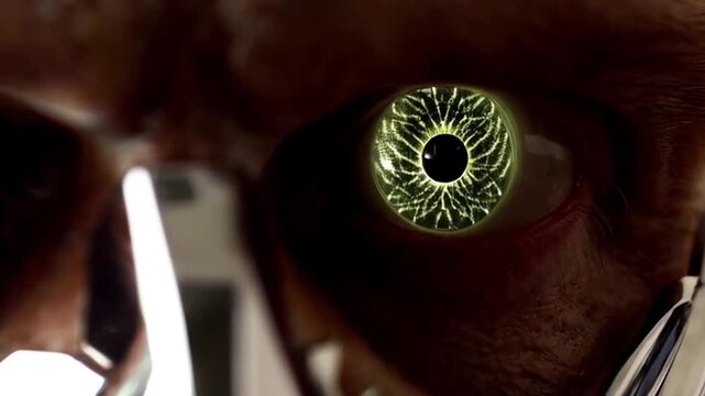 Close-up of a robotic eye with intricate patterns and glowing features   - Powered by Adobe