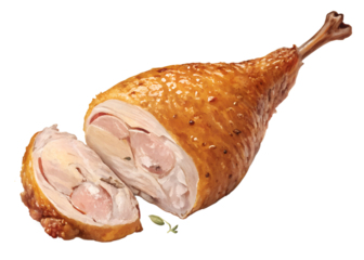 Crispy golden roasted chicken leg with succulent filling garnished with herbs served on a wooden table during a festive gathering golden, brown, rustic, table, herbs, savory, dish, cooking, food, pres