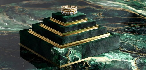 Green velvet stage with layered gemstone rings on gold marble slab