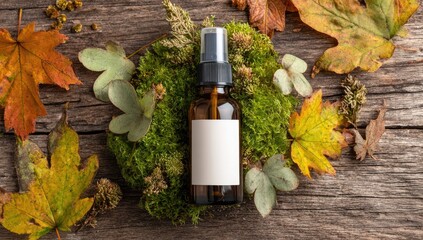 Amber glass bottle with blank label, nestled in autumnal foliage and moss on rustic wood