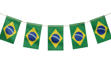 Flat Lay Image Showcasing Six Triangular Brazilian Flag Bunting Strung for Festive Decorations
