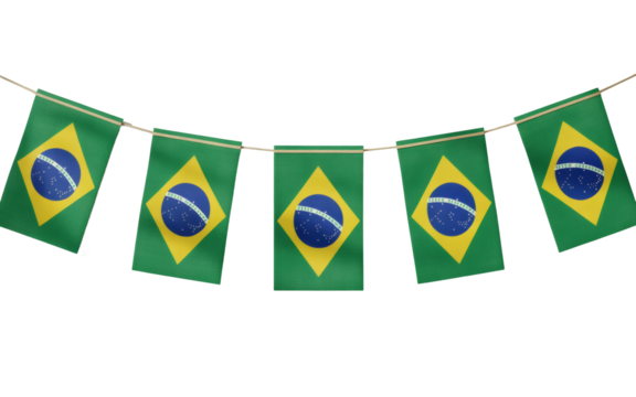 Flat Lay Image Showcasing Six Triangular Brazilian Flag Bunting Strung for Festive Decorations