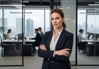 Confident Businesswoman Poses in Modern Office Environment with Colleagues Working Diligently in the Background Enhancing Corporate Professionalism