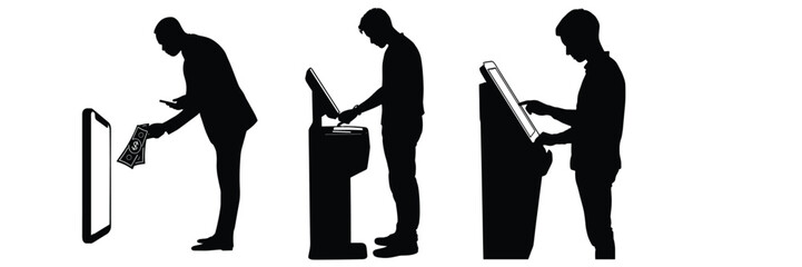set of people silhouettes using self-service kiosk in different poses