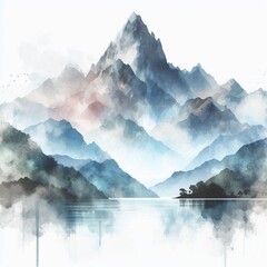 Minimal Asian Watercolor Lake And Hills. AI generated illustration