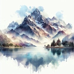 Veiled in mist, lake dreams of peaks. AI generated illustration