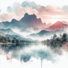 Oriental watercolor scene of misty lake mountains. AI generated illustration