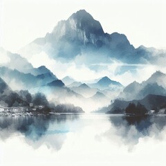 Peaceful Asian watercolor with lake mountain reflections. AI generated illustration