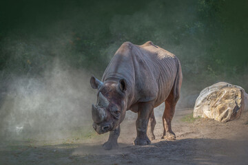 Wild black rhino walking and stirring up dirt in its habitat