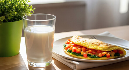 Healthy Breakfast Omelet with Milk, Plant Based Start to the Day, Home Cooked Omelet Full of Spinach and Fresh Tomatoes with Milk