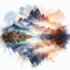 Idyllic Lake and Asian Mountain Horizon. AI generated illustration