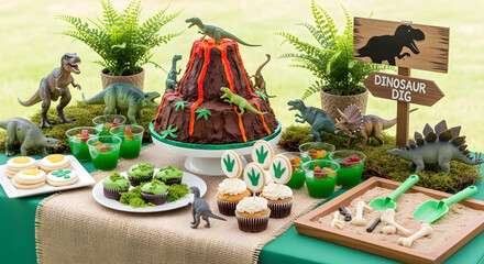 A dinosaur themed birthday party setup with volcano cake and decorations