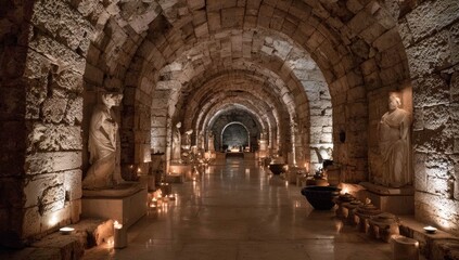 A dimly lit stone corridor, lined with ancient statues and urns, features arched ceilings and a polished floor, illuminated by candlelight