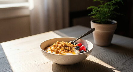 Breakfast Bowl With Granola, Berries, and Yogurt Bathed in Morning Sunlight, A Healthy Start to the Day With Natural Light on a Bowl of Breakfast