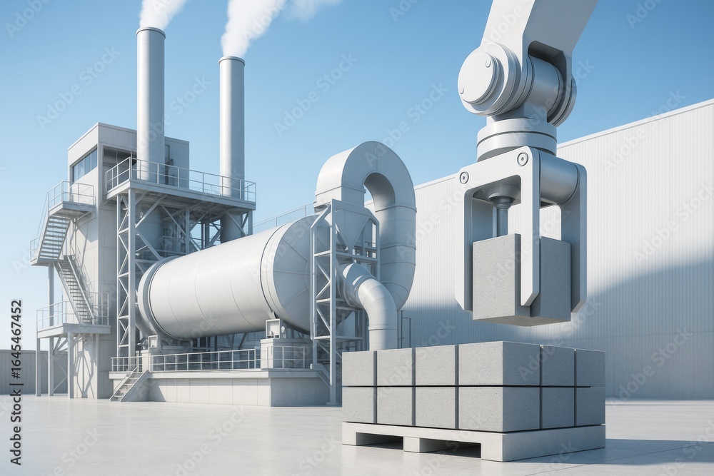 Poster industrial robotic arm handling concrete blocks in modern factory yard under clear sky background, e