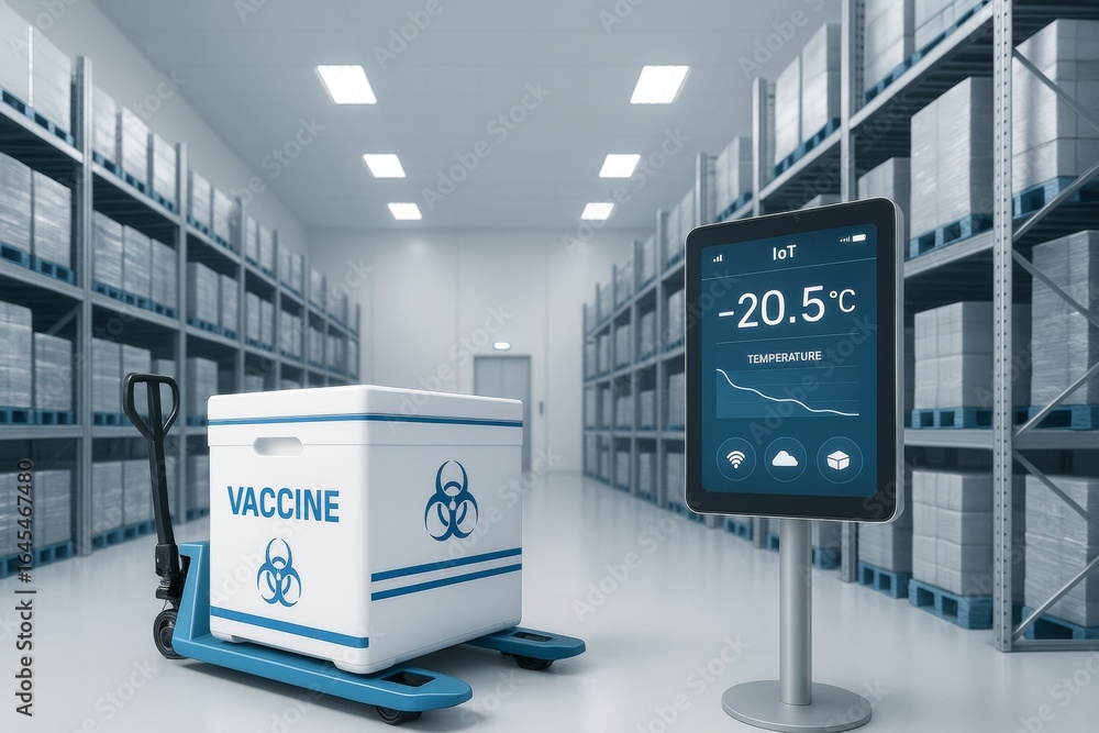 Poster cold storage warehouse interior with vaccine container and digital iot temperature display showing -