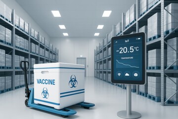 Cold storage warehouse interior with vaccine container and digital IoT temperature display showing -20.5°C in a high-tech environment. Ai generative