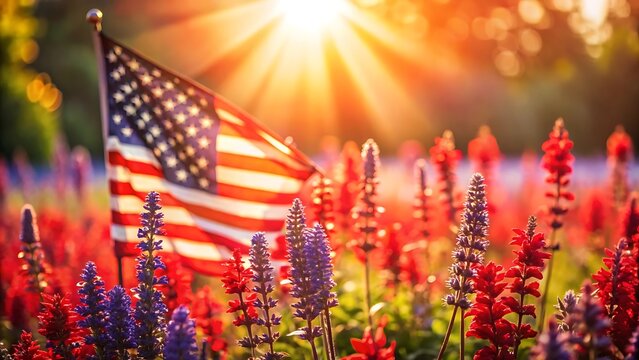 American flag in a field of flowers with sun rays