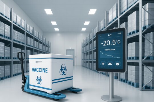 Cold storage warehouse interior with vaccine container and digital IoT temperature display showing -20.5°C in a high-tech environment. Ai generative - Powered by Adobe