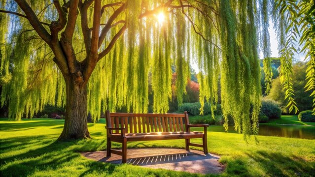 Photo of a serene wooden bench sits peacefully beneath the cascading branches of a weeping willow tree, bathed in the warm, golden sunlight of a beautiful summer day in a lush green park - Powered by Adobe