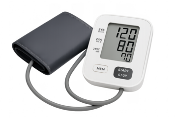 Digital blood pressure monitor showing normal blood pressure on transparent background