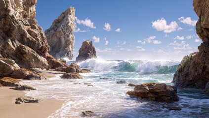 Dramatic coastal scene  Waves crash against rocky cliffs and a sandy beach under a vibrant blue sky. Sunlight illuminates the scene