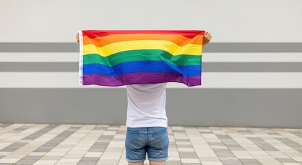 Person Holding Rainbow Pride Flag Standing in Urban Outdoor Space