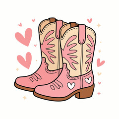 Cute Pink Cowboy Boots with Hearts and Decorative Design. Western Country Style Footwear Illustration for Fashion, Love, Farm or Valentine Themes.