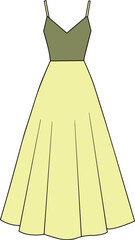 Spaghetti Strap Two-Tone Flared Dress | Technical Fashion Flat Sketch | Apparel CAD Template | Front View