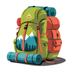 Colorful camping backpacks isolated on white background, perfect for travel, adventure, hiking and outdoor activities in nature