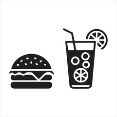 Black and White Illustration of Burger and Drink with Lemon Garnish