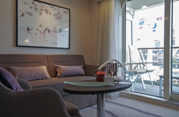 Luxurious suite stateroom cabin room onboard luxury yacht cruise ship cruiseship liner with bedroom...