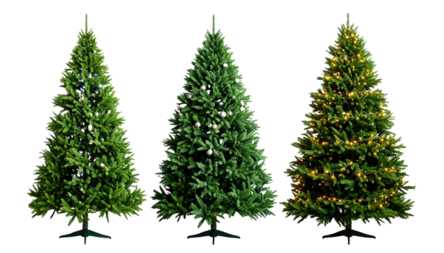three distinct pine trees with dense green foliage and varying shapes one with decorative ornaments isolated on a transparent background suitable for holiday themes and designs isolated on transparent - Powered by Adobe