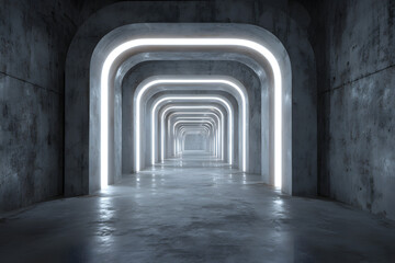 Obraz premium Sci Fi Futuristic Mockup Cyberpunk Empty White Billboard Advertisement Grunge Concrete Modern Warehouse Tunnel Corridor Factory Realistic Background 3D Rendering Illustration