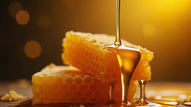 Honeycomb stack glistening with dripping honey in warm, inviting golden light