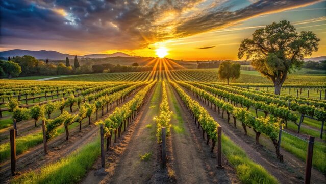 Photo of breathtaking vineyard landscape at sunset, with rows of grapevines stretching towards the horizon under a colorful sky