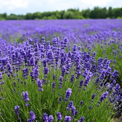 Fototapeta premium Lush lavender field under a partly cloudy sky (1)
